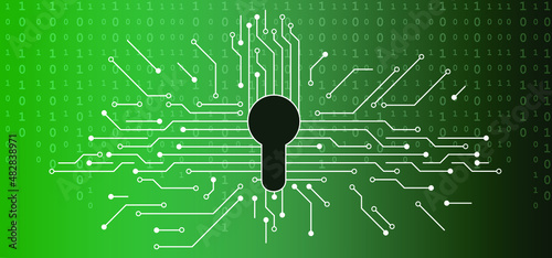 keyhole. Cloud security, open or close padlock. Lock or unlock icon. Circuit board or electronic motherboard. lines and dots connect. Vector high-tech technology data. Communication and engineering.