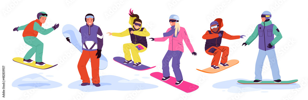 Cartoon happy snowboarders jump from snow mountain slope, adult persons snowboarding, extreme sport and hobby isolated on white. People ride snowboard on winter ski resort set vector illustration