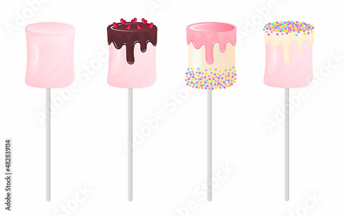 Collection of appetizing cute marshmallows on sticks in chocolate icing and sprinkles in flat style