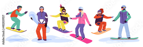 Cartoon happy snowboarders jump from snow mountain slope, adult persons snowboarding, extreme sport and hobby isolated on white. People ride snowboard on winter ski resort set vector illustration