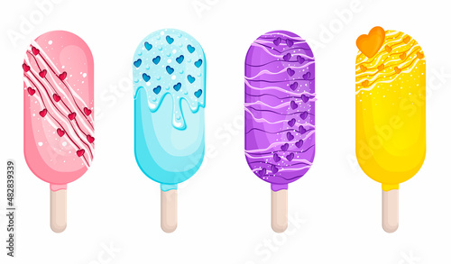 collection of cute appetizing cakesicles  on a stick for valentine's day with icing, sprinkles and hearts.cakesicles