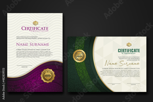 Certificate of achievement and appreciation border template with luxury badge and textured modern floral pattern. For award, business, and education needs