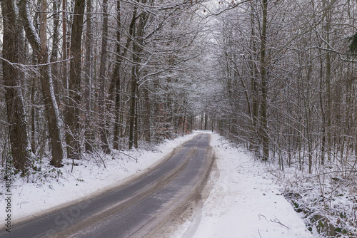 Asfaltowa droga przebiegająca przez las pokryta warstwą śniegu.