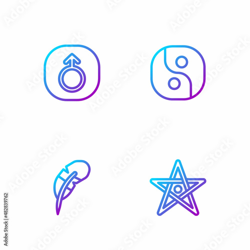 Set line Pentagram, Feather pen, Mars and Yin Yang. Gradient color icons. Vector