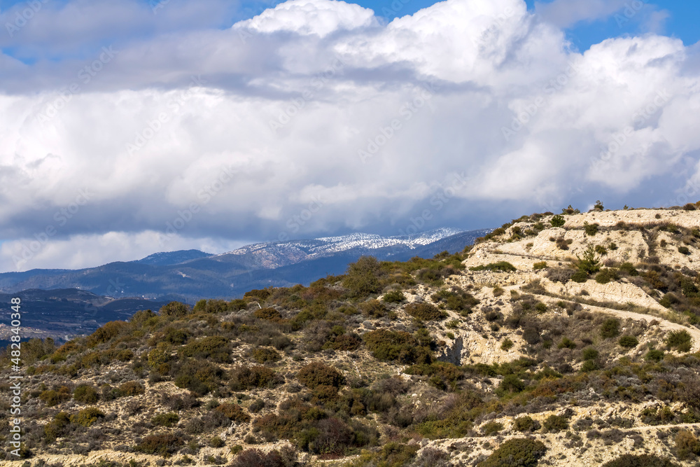 Troodos mountains and cloudy sky in winter, Cyprus 