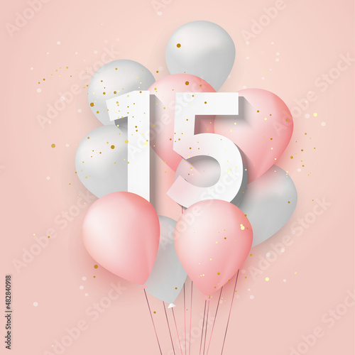 Happy 15th birthday balloons greeting card background. 15 years anniversary. 15th celebrating with confetti. Vector stock	
