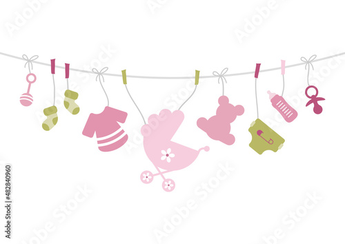 Karte Bogen Hängende Babysymbole Mädchen Rosa Olivgrün