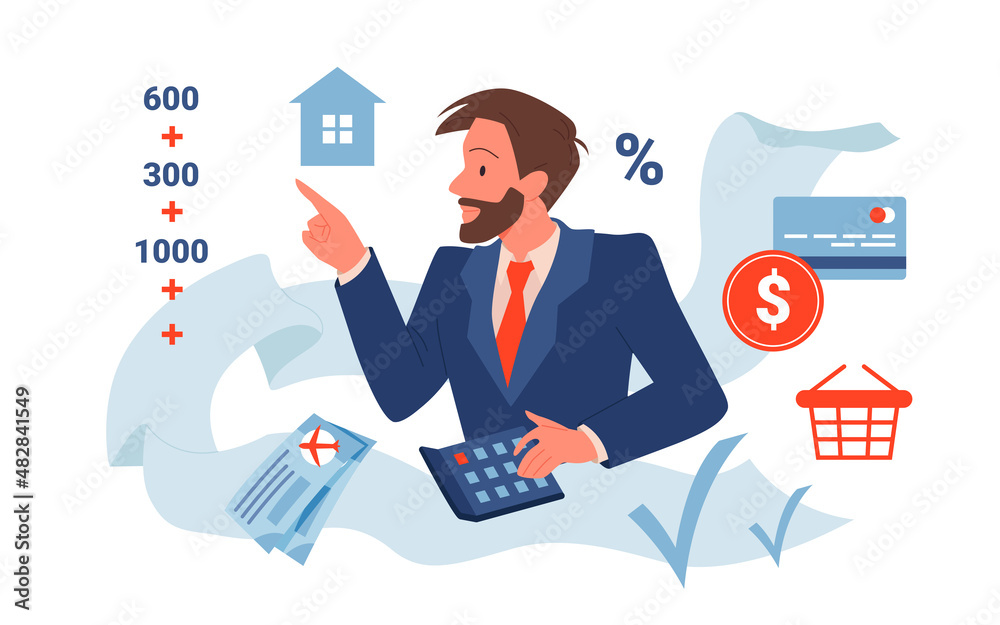 Cartoon man in suit calculating allocation, payments and financial balance with calculator and bank report. Finance, plan concept. Persoal family budget calculation and planning vector illustration Cartoon man in suit calculating allocation, payments and financial balance with calculator and bank report. Finance, plan concept. Persoal family budget calculation and planning vector illustration