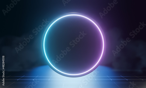 Blue dark circle display background pink blue neon light perspective. 3D illustration rendering.