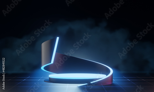 Fotografija Blue dark podium cylinder curve display background pink blue neon light perspective