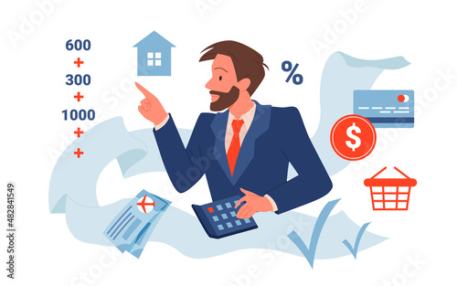 Cartoon man in suit calculating allocation, payments and financial balance with calculator and bank report. Finance, plan concept. Persoal family budget calculation and planning vector illustration