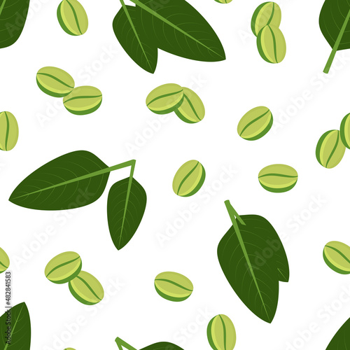 Green coffee beans and leaves seamless pattern