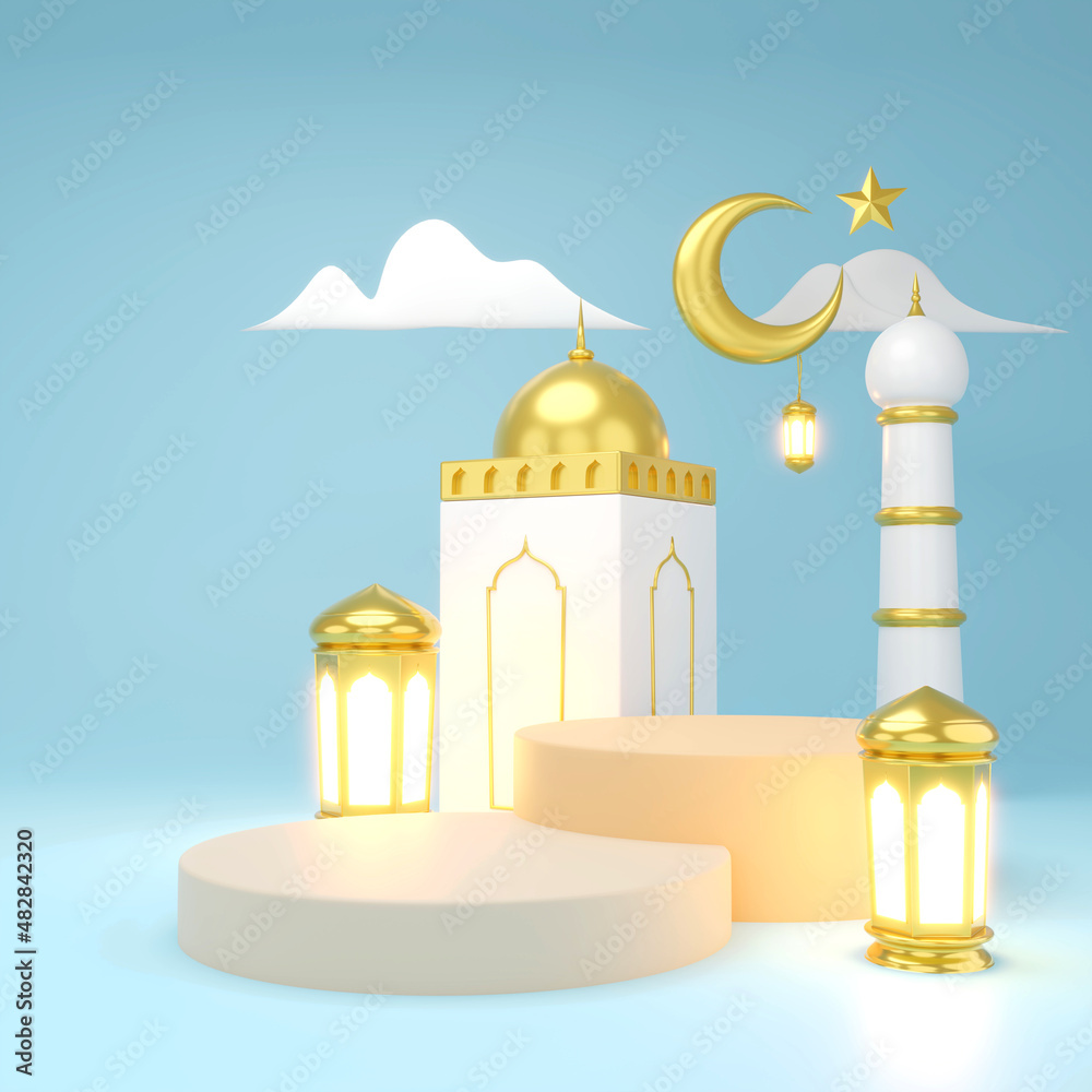 Islamic product display mock up. Podium, crescent moon, lantern, gift box. Ramadan, Islamic New Year. 3D rendering. Islamic product display mock up. Podium, crescent moon, lantern, gift box. Ramadan, Islamic New Year. 3D rendering.