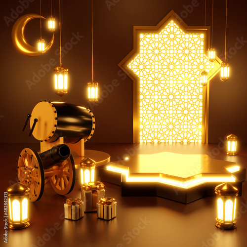Islamic product display mock up. Podium, crescent moon, lantern, gift box. Ramadan, Islamic New Year. 3D rendering.