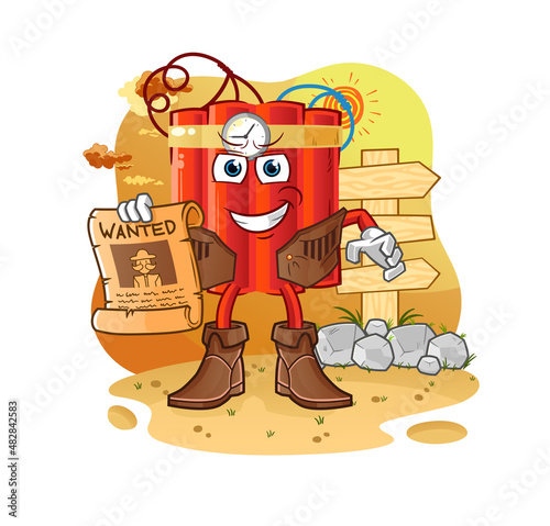 dynamite cowboy with wanted paper. cartoon mascot vector