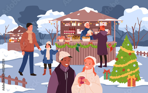 Cartoon happy couple drinking hot drink on festival street market in winter, family with children buying gifts and candy background. Christmas fair with people and Xmas tree vector illustration