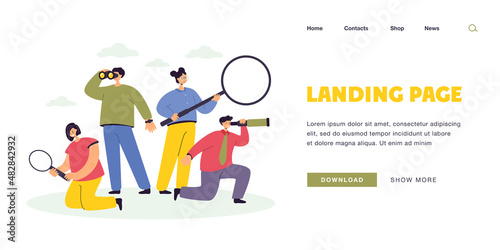 People with spyglasses and magnifier flat vector illustration. Men and women exploring, analyzing, looking for new opportunities, staff or ideas. HR team, search concept