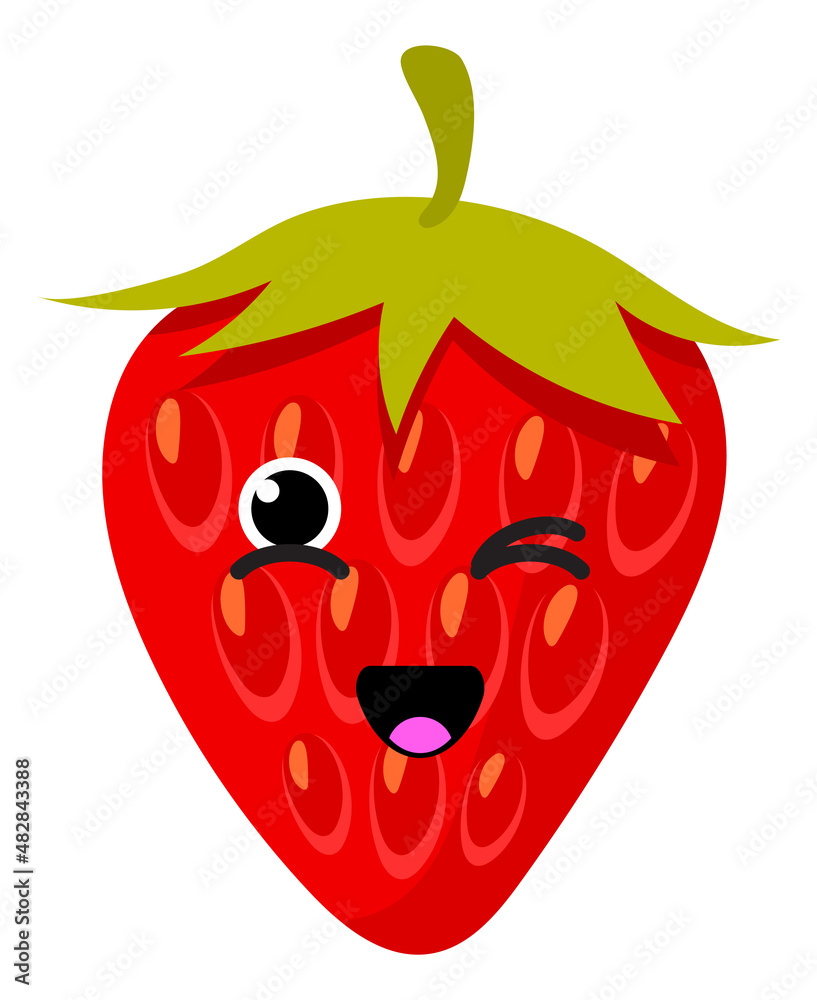 Strawberry character. Wink eye expression on red berry face