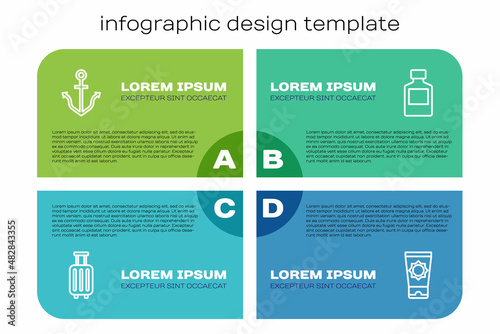 Set line Suitcase, Anchor, Sunscreen cream in tube and Whiskey bottle. Business infographic template. Vector