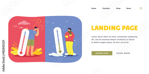 Men in cold and hot weather flat vector illustration. Frozen and sweating people standing with thermometers in summer and winter. Meteorology, extremely low and high temperatures, thermostat concept