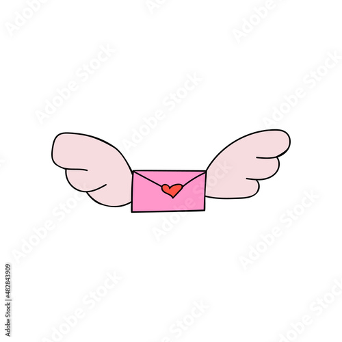 Color love letter with wings. Hand drawn doodle illustration. Element for St. Valentine's Day greeting cards, stickers and posters
