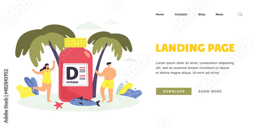People on beach with huge vitamin D supplement. Sun and nutrients for good skin flat vector illustration. Health, pharmacy, deficiency concept for banner, website design or landing web page
