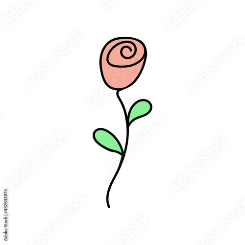 Color rose with black contour. Hand drawn doodle illustration. Element for St. Valentine's Day greeting cards, stickers and posters