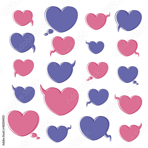 Very peri and pacific pink  heart. Blank speech. Set of templates for dialogue, massages, prices and discounts. Isolated on white background. EPS 10 vector illustration
