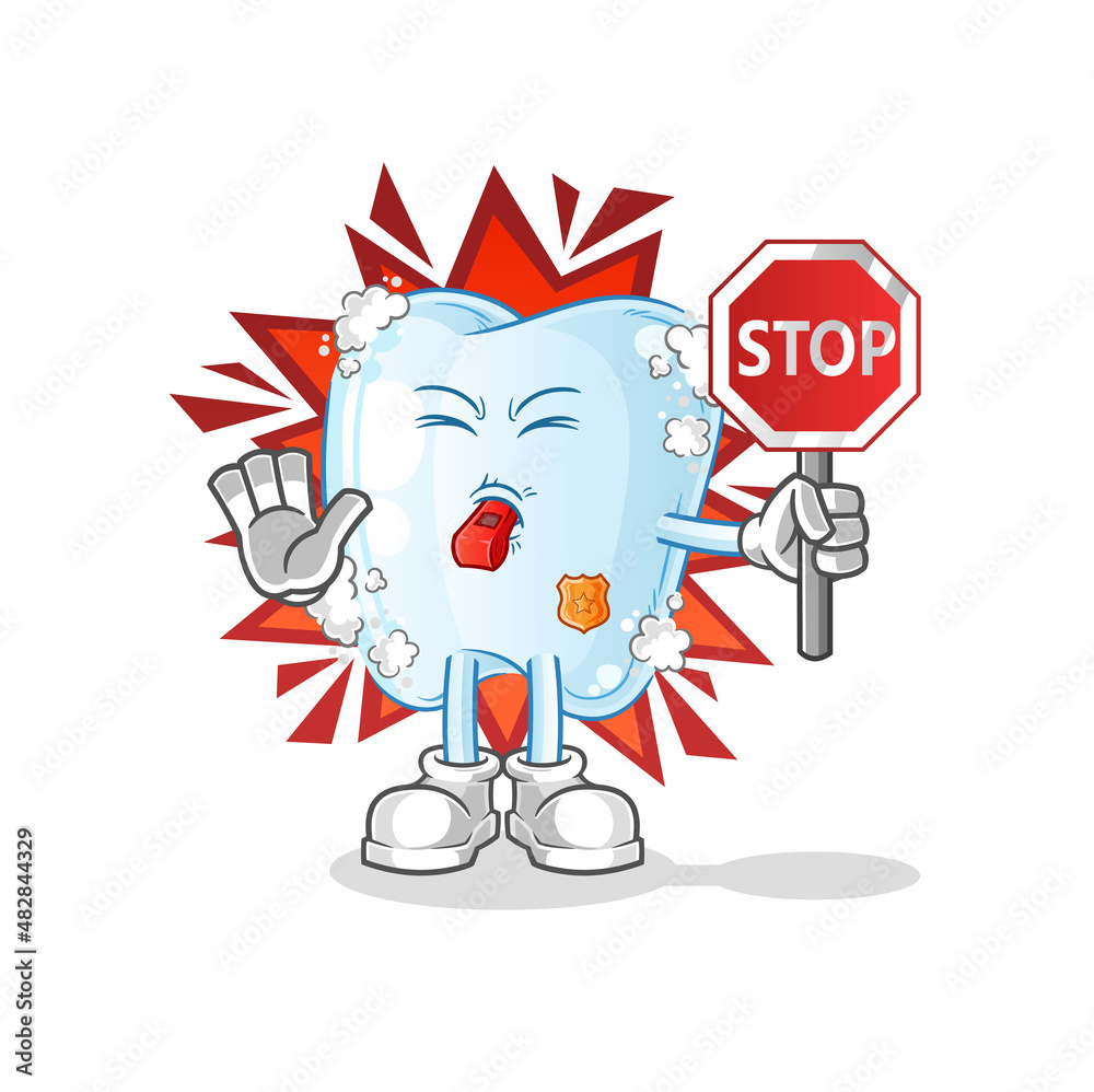 Obraz premium tooth with foam holding stop sign. cartoon mascot vector