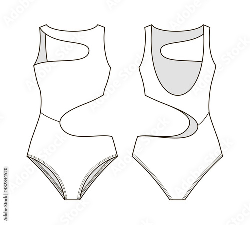 Fashion technical drawing of asimmetrical cut-out swimsuit