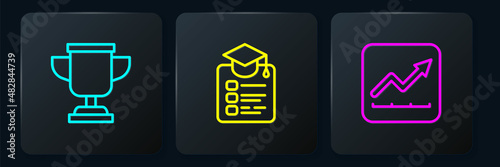 Set line Award cup, Financial growth increase and Online education. Black square button. Vector