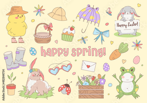 Happy Spring set with lettering, chicken, umbrella, rabbit, carrot, easter eggs, bows, bugs, flowers and basket. Vector clip art illustrations for kids cards, web, poster, banner, sticker. Cute set.