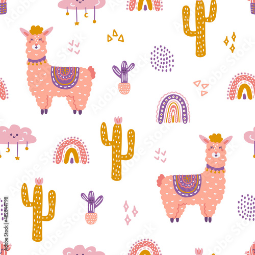 Cute llama with cacti and rainbow on white background, vector seamless pattern in flat hand drawn style