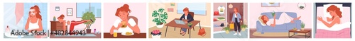 Daily routine of cute girl set vector illustration. Cartoon young woman working at laptop, doing sports exercises at home and shopping in stores, eating fast food, lifestyle background collection