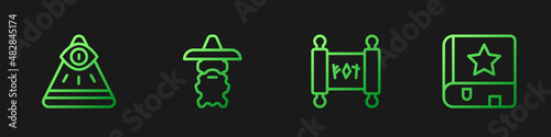 Set line Magic scroll, Masons, Wizard warlock and Ancient magic book. Gradient color icons. Vector