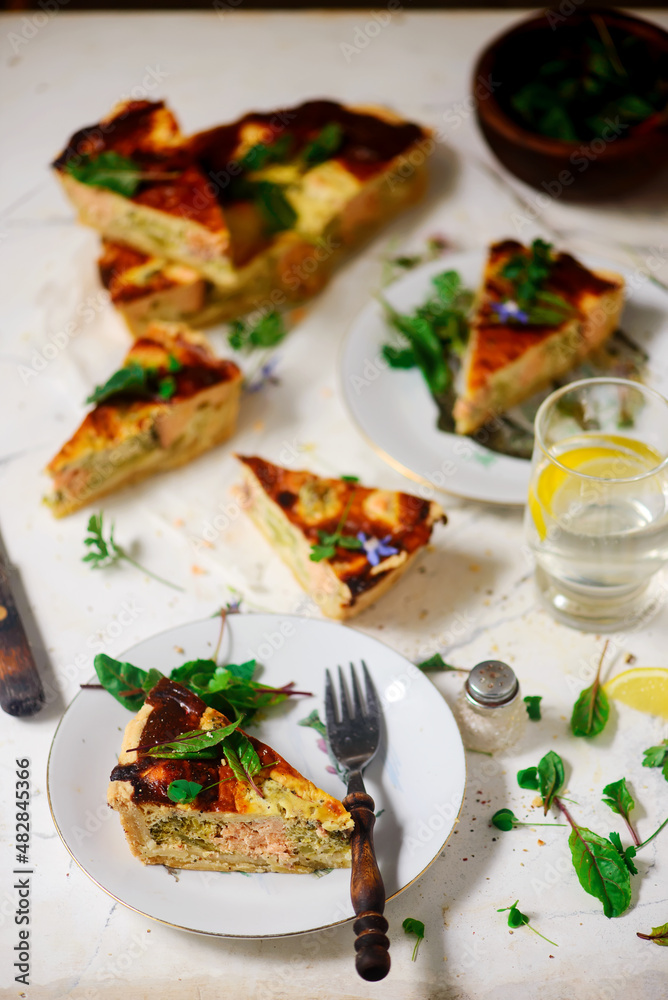 Quiche with salmon and broccoli.selective focus Quiche with salmon and broccoli.selective focus