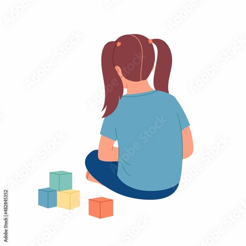 Autism. Little girl feeling lonely. Child Playing Alone With Cubes Toys. Early signs of autism syndrome in children. Vector illustration. Children autism. Signs and symptoms of autism in a child