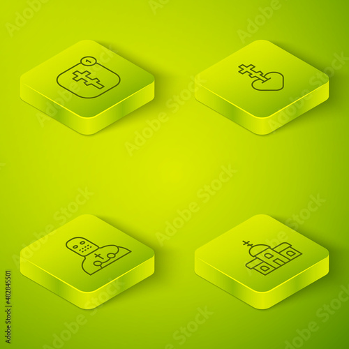 Set Isometric line Religious cross in heart, Knight crusader, Church building and Online church pastor preaching icon. Vector