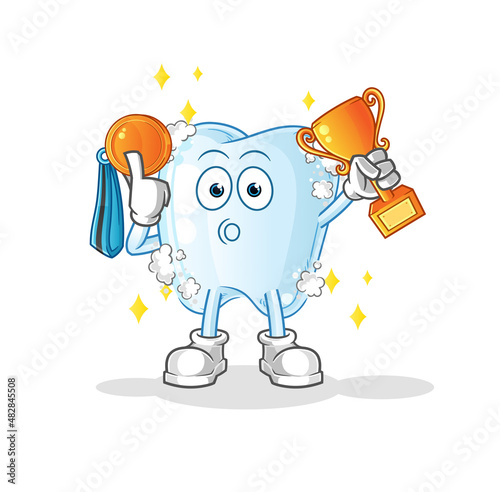 tooth with foam winner with trophie. cartoon character