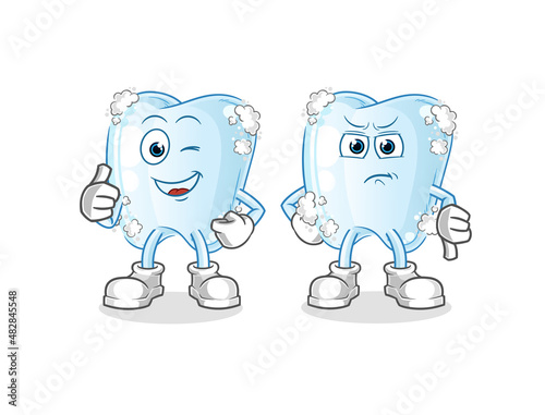 tooth with foam thumbs up and thumbs down. cartoon mascot vector