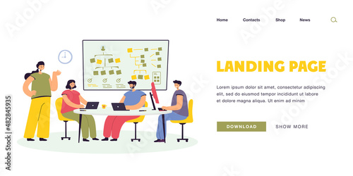 Team of programmers working on software. Flat vector illustration. Young people listening to lesson, creating app in front of monitors, in office workplace. Business, lecture, development, SMM concept
