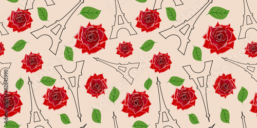 Seamless pattern with roses and Eiffel towers. For textile, wrapping paper, packaging. Vector pattern.