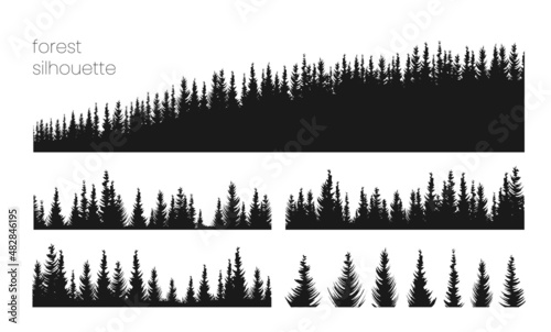Set of forest isolated silhouettes. Silhouettes of realistic pine trees.