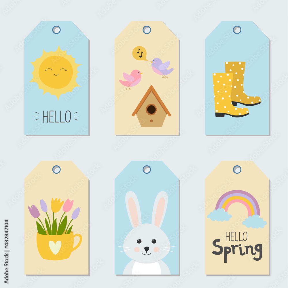 Set of spring gift tags and labels with cute cartoon characters and lettering. Doodle flat style 