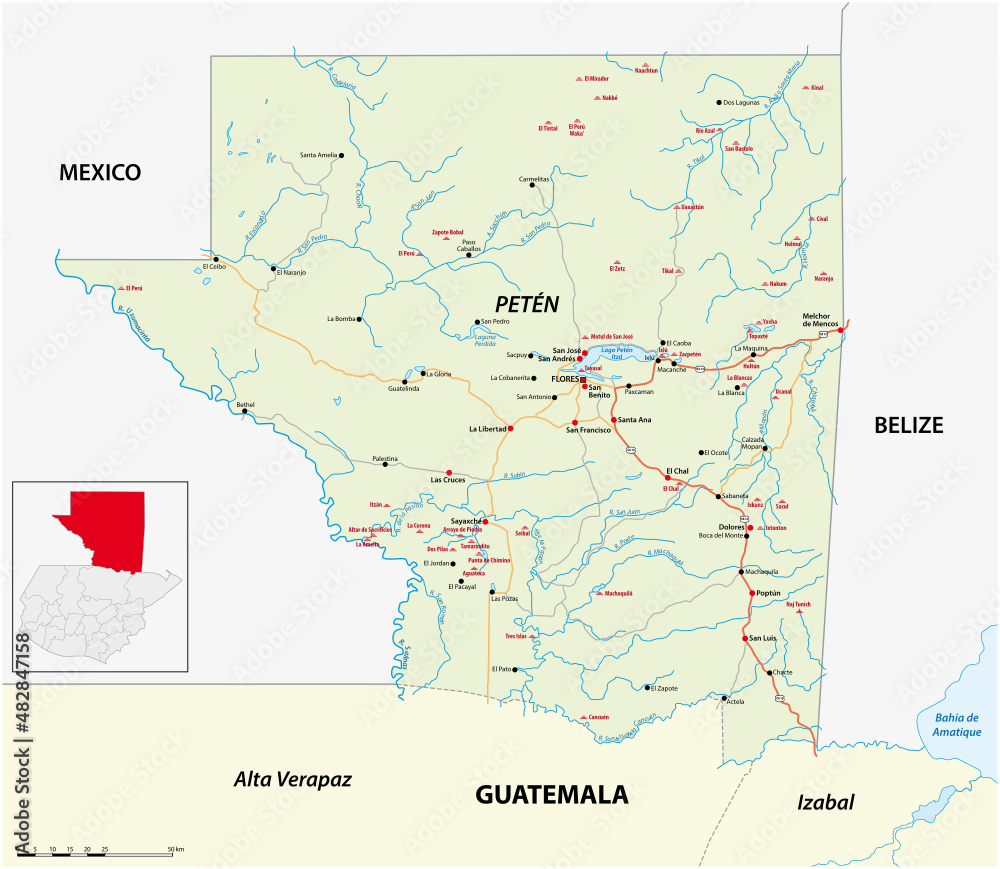 Road map of the Guatemalan state of Peten with the most important Mayan ruins 