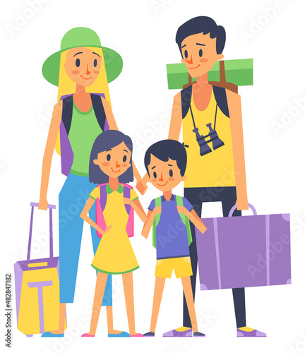Family vacation. Parents and kids holding travel bags and backpacks
