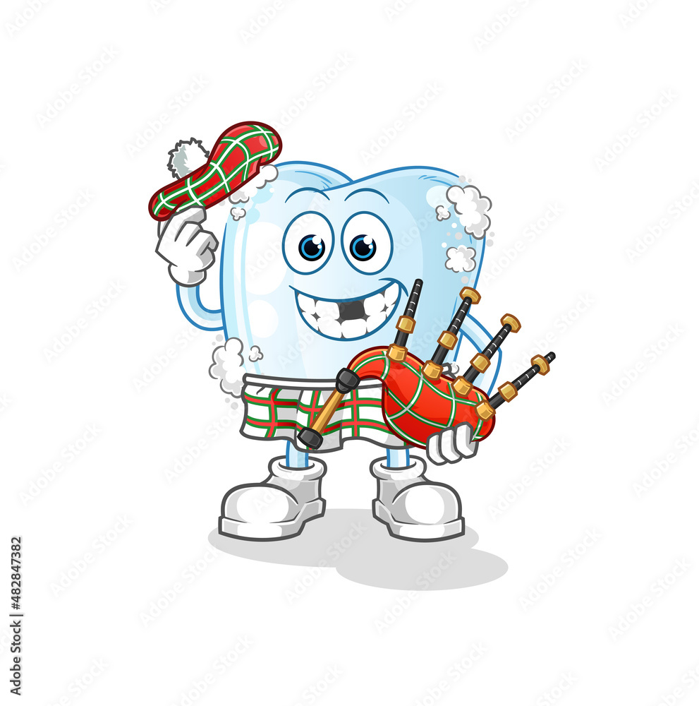 tooth with foam scottish with bagpipes vector. cartoon character