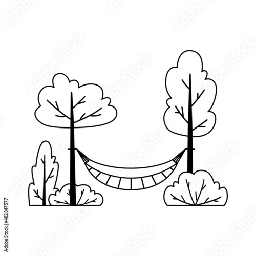 Vector illustration of a hammock suspended between two trees.