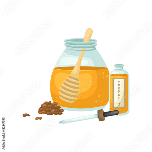 Vector illustration of a jar of honey, tincture and pieces of propolis. Biologically active additive.