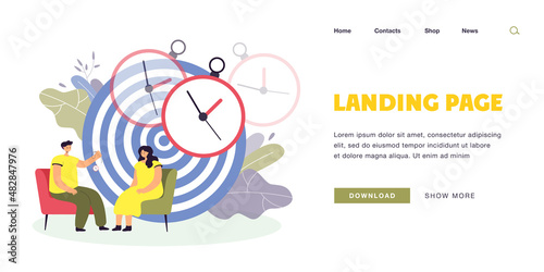 Psychotherapist holding pocket watch in front of patient. Female cartoon character at hypnosis session flat vector illustration. Therapy, hypnosis concept for banner, website design or landing web